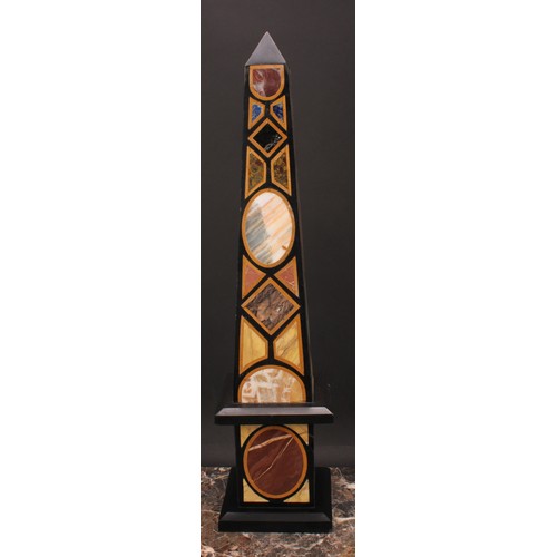 88 - A large pietra dura library obelisk, inlaid with lapis lazuli and other specimen stones, square base... 