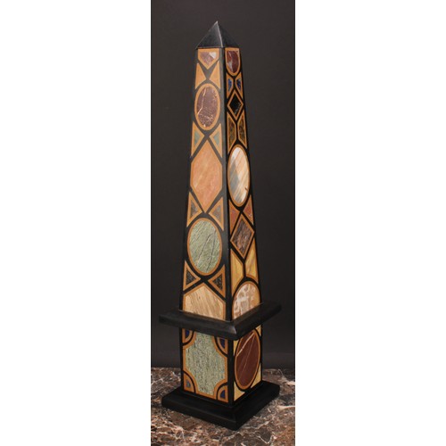 88 - A large pietra dura library obelisk, inlaid with lapis lazuli and other specimen stones, square base... 