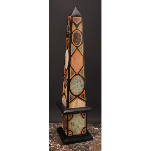 88 - A large pietra dura library obelisk, inlaid with lapis lazuli and other specimen stones, square base... 