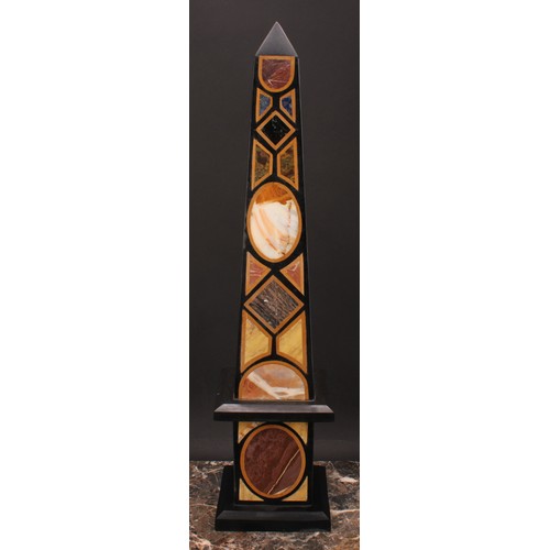 88 - A large pietra dura library obelisk, inlaid with lapis lazuli and other specimen stones, square base... 