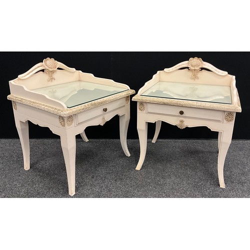 78A - A pair of Louis XV style cream and gilt rose back bedside tables, frieze drawer, cabriole support, 7... 