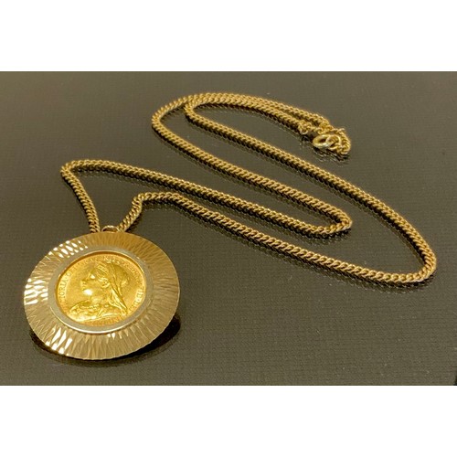 286 - A Victorian Sovereign, Melbourne mint, 1896, later 9ct gold mount and chain, 15g gross