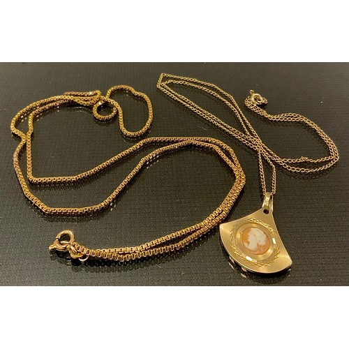 287 - A 9ct gold box link chain necklace, snapped, 6.9g;  a cameo pendant necklace, 9ct gold mount and cha... 