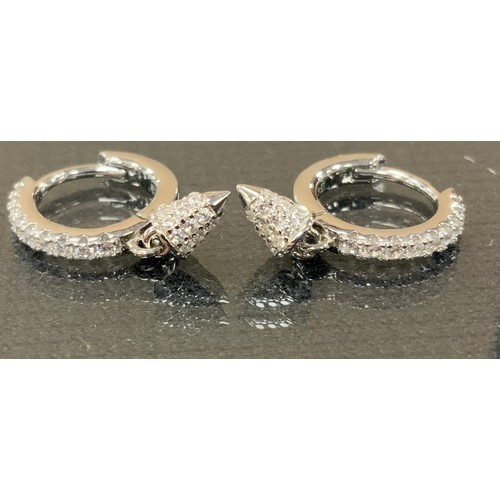 293 - A pair of Cubic Zirconia torpedo drop hoop earrings, 925 silver mounts.