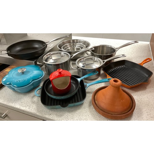 166 - Cookery and Kitchen equipment - Le Creuset - two stainless steel lidded saucepans, Le Creuset frying... 