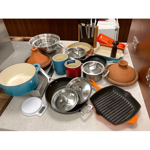 168 - Cookery and Kitchen equipment - Le Creuset - two stainless steel lidded saucepans, Le Creuset frying... 