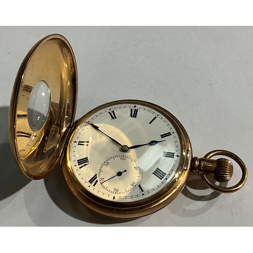 143 - A 9ct rose gold half hunter pocket watch, white enamel dial, Roman numerals, subsidiary seconds dial... 