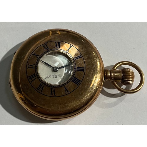 143 - A 9ct rose gold half hunter pocket watch, white enamel dial, Roman numerals, subsidiary seconds dial... 