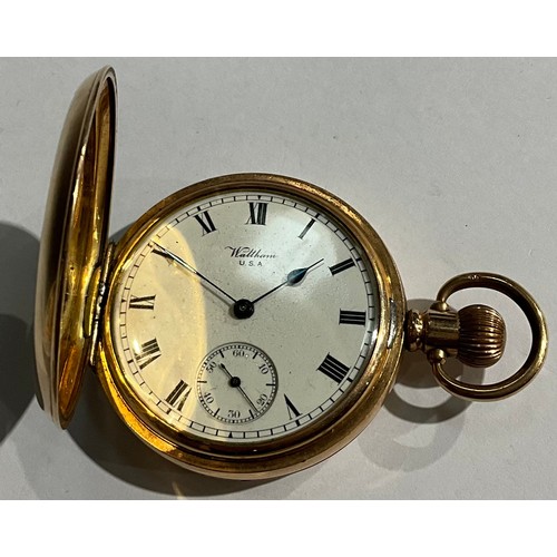 144 - A Waltham USA gold plated full hunter pocket watch, Moon Dennison case