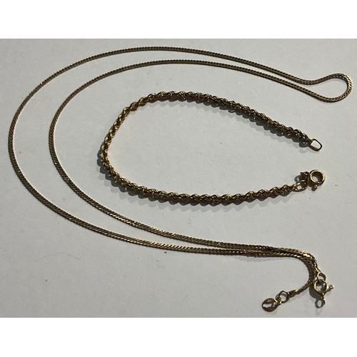 150 - A 9ct gold rope link bracelet, 20cm long; a 10ct gold necklace, marked 10k, 60cm long, 5g gross (2)