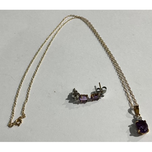 152 - A 9ct gold amethyst necklace, with illusion set diamond chip, marked, pair of 9ct gold earrings en s... 