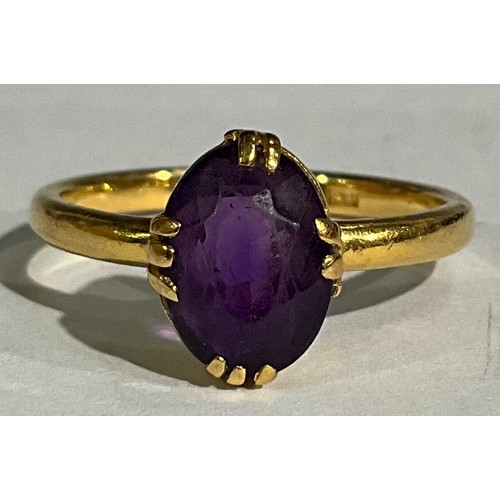 156 - A 22ct gold ring, set with a single faceted amethyst, size O, Birmingham 1861, 3.7g, boxed