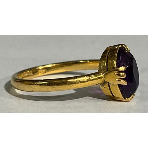 156 - A 22ct gold ring, set with a single faceted amethyst, size O, Birmingham 1861, 3.7g, boxed