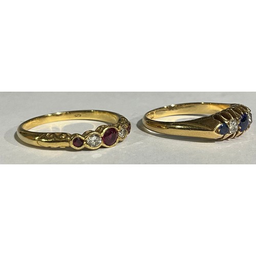 159 - An 18ct gold five stone sapphire and diamond ring, size L, 3g, boxed; an 18ct gold five stone diamon... 