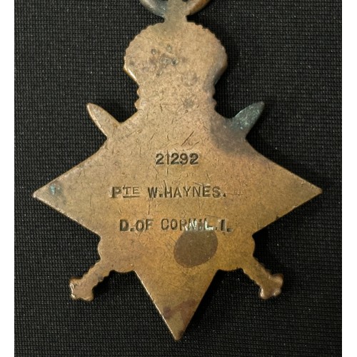 2000 - WW1 British 1914-15 Star, War Medal and Victory Medal to 21292 Pte W Haynes, Duke of Cornwall's Ligh... 