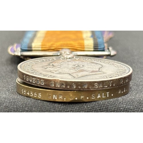 2014 - WW1 British War Medal and Victory Medal to 154353 Gunner GH Salt, Royal Artillery. Complete with ori... 