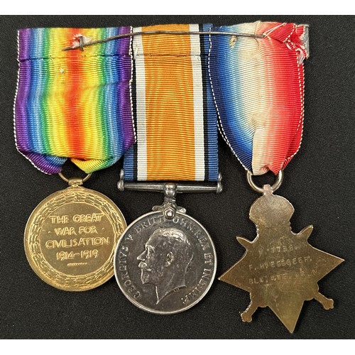 2015 - WW1 British 1914-15 Star, War Medal and Victory Medal to M7738 FH Eggbeer, Blk.Mte, Royal Navy. Comp... 