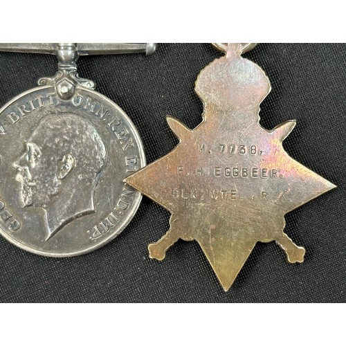 2015 - WW1 British 1914-15 Star, War Medal and Victory Medal to M7738 FH Eggbeer, Blk.Mte, Royal Navy. Comp... 