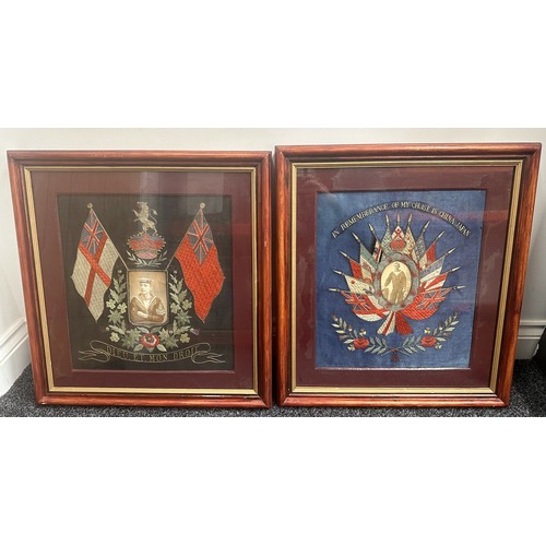 2044 - British Royal Navy HMS King Alfred Chinese Silk Sweetheart Embroideries, both in frames with a photo... 