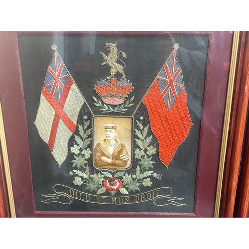 2044 - British Royal Navy HMS King Alfred Chinese Silk Sweetheart Embroideries, both in frames with a photo... 