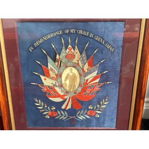 2044 - British Royal Navy HMS King Alfred Chinese Silk Sweetheart Embroideries, both in frames with a photo... 