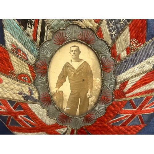 2044 - British Royal Navy HMS King Alfred Chinese Silk Sweetheart Embroideries, both in frames with a photo... 