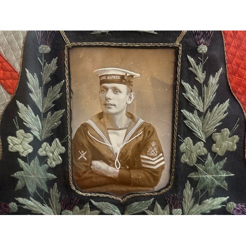 2044 - British Royal Navy HMS King Alfred Chinese Silk Sweetheart Embroideries, both in frames with a photo... 