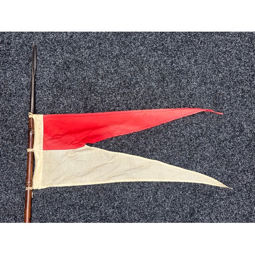 2052 - British Calvalry Lance, Bamboo, with Red over White Pennant. Metal lance tip 31cm in length and 17cm... 