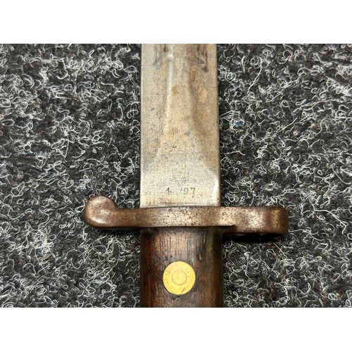 2055 - Boer War British Lee Metford Bayonet with double edged blade 294mm in length, dated 4/97. Wooden gri... 