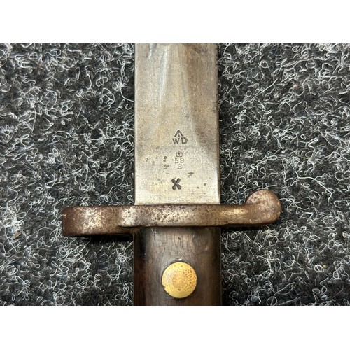 2055 - Boer War British Lee Metford Bayonet with double edged blade 294mm in length, dated 4/97. Wooden gri... 