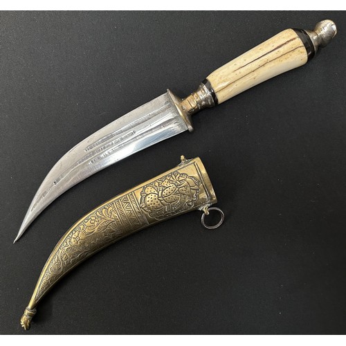 2057 - Indo-Persian Dagger with curved fullered blade 152mm in length. Brass guard with remains of plated f... 