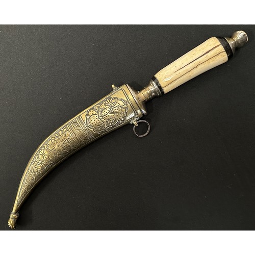 2057 - Indo-Persian Dagger with curved fullered blade 152mm in length. Brass guard with remains of plated f... 