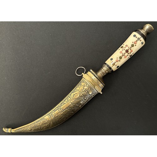 2057 - Indo-Persian Dagger with curved fullered blade 152mm in length. Brass guard with remains of plated f... 