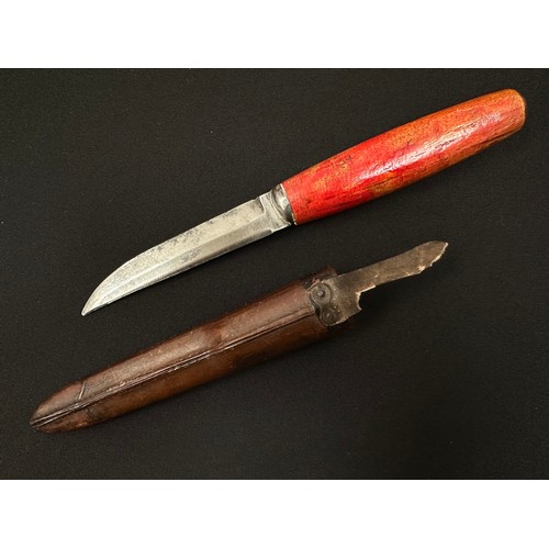 2073 - Finnish Puukko Knife with single edged blade 100 mm in length. No makers marks. Red wood handle. Ove... 