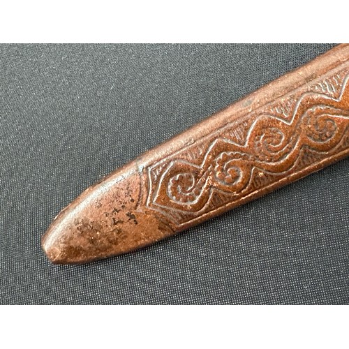 2073 - Finnish Puukko Knife with single edged blade 100 mm in length. No makers marks. Red wood handle. Ove... 