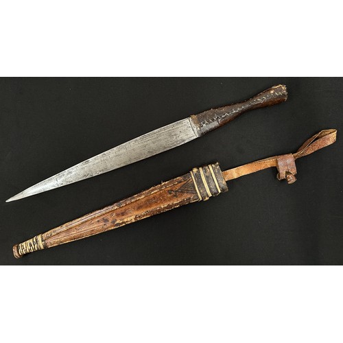 2074 - African Dagger with double edged blade 290 mm in length. Leather bound grip. Overall length 430 mm. ... 