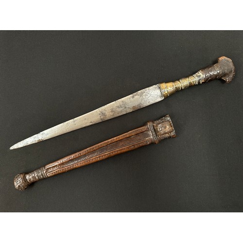 2075 - Dagger with double edged blade 260 mm in length. Blade decorated with punch mark patterns. Brass gri... 