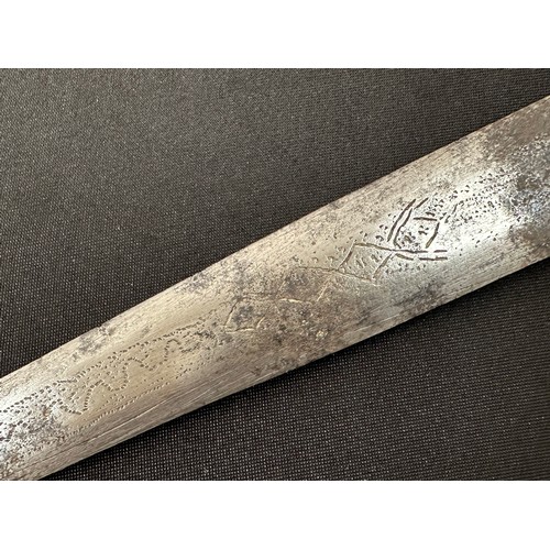 2075 - Dagger with double edged blade 260 mm in length. Blade decorated with punch mark patterns. Brass gri... 