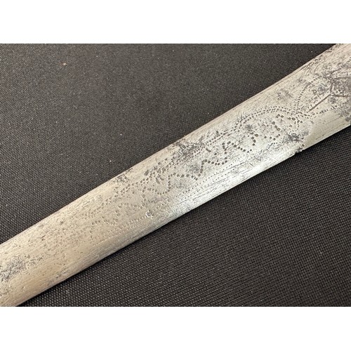 2075 - Dagger with double edged blade 260 mm in length. Blade decorated with punch mark patterns. Brass gri... 