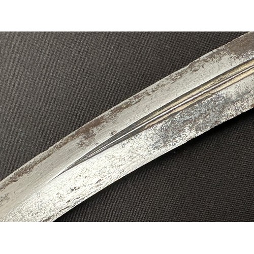 2076 - Dagger with curved double edged fullered blade 314mm in length. Decorative grip made from brass, cop... 