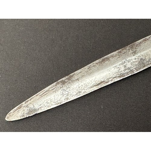 2076 - Dagger with curved double edged fullered blade 314mm in length. Decorative grip made from brass, cop... 