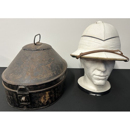 2077 - WW2 / Pre War British Royal Navy Captains White Tropical Pith Helmet and Tin. Named to 