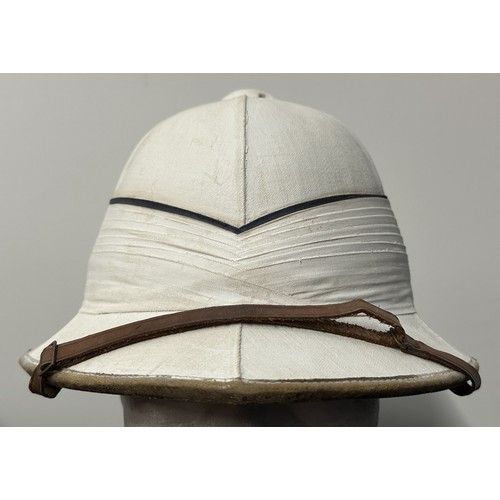 2077 - WW2 / Pre War British Royal Navy Captains White Tropical Pith Helmet and Tin. Named to 