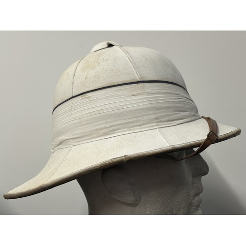 2077 - WW2 / Pre War British Royal Navy Captains White Tropical Pith Helmet and Tin. Named to 