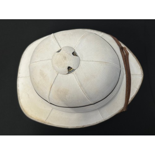 2077 - WW2 / Pre War British Royal Navy Captains White Tropical Pith Helmet and Tin. Named to 