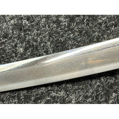 2091 - Japanese Tanto Sword with single edged blade 330mm in length. Visible straight Hamon line. Tang is s... 