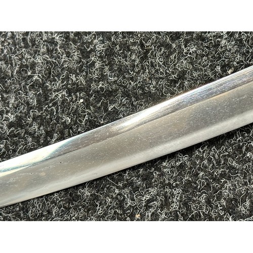 2091 - Japanese Tanto Sword with single edged blade 330mm in length. Visible straight Hamon line. Tang is s... 