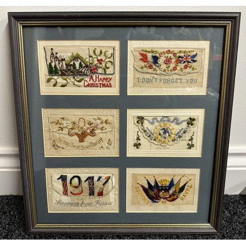 2106 - WW1 British silk postcards, set of six, framed as one collection. Reverse has details of inscription... 