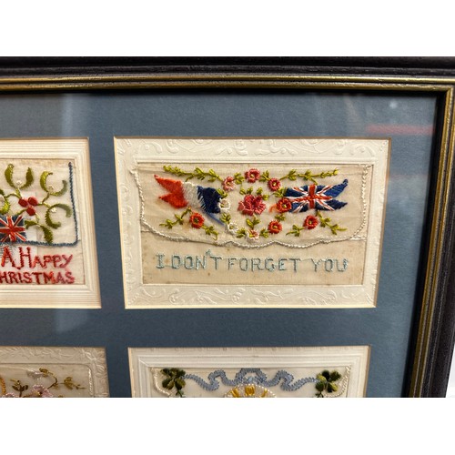 2106 - WW1 British silk postcards, set of six, framed as one collection. Reverse has details of inscription... 