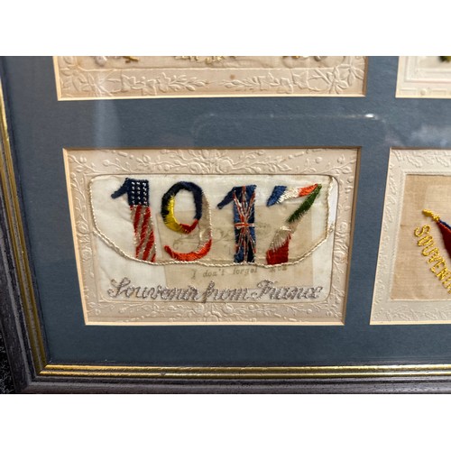 2106 - WW1 British silk postcards, set of six, framed as one collection. Reverse has details of inscription... 